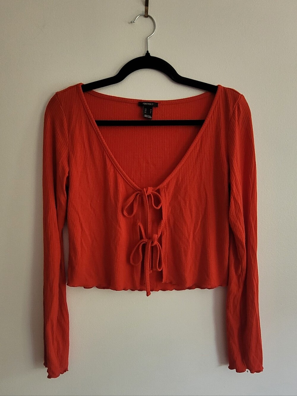 Forever 21 Red Tie-Front Long Sleeve Crop Top